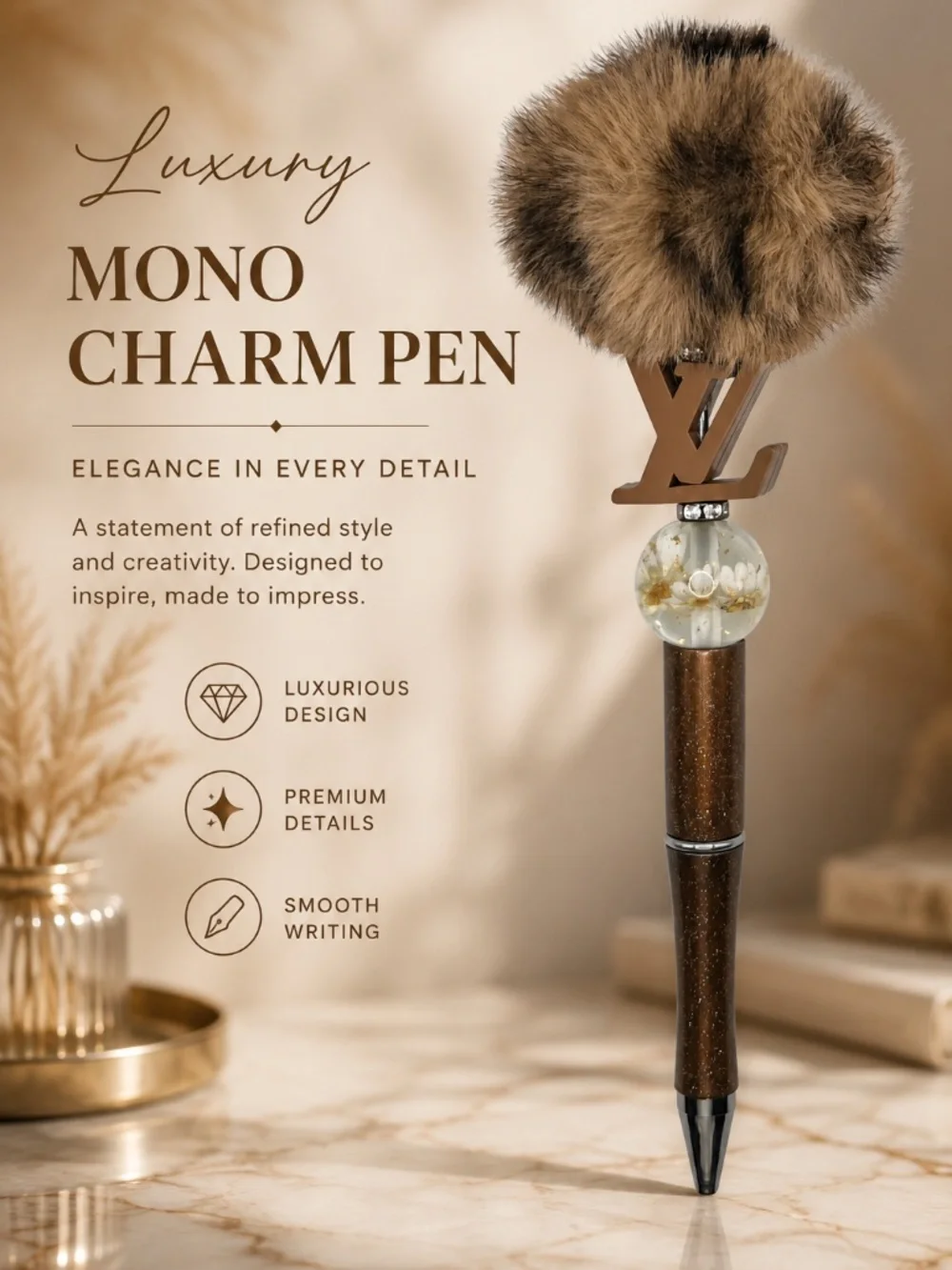 Mocha Bloom Faux Fur Beaded Pen
